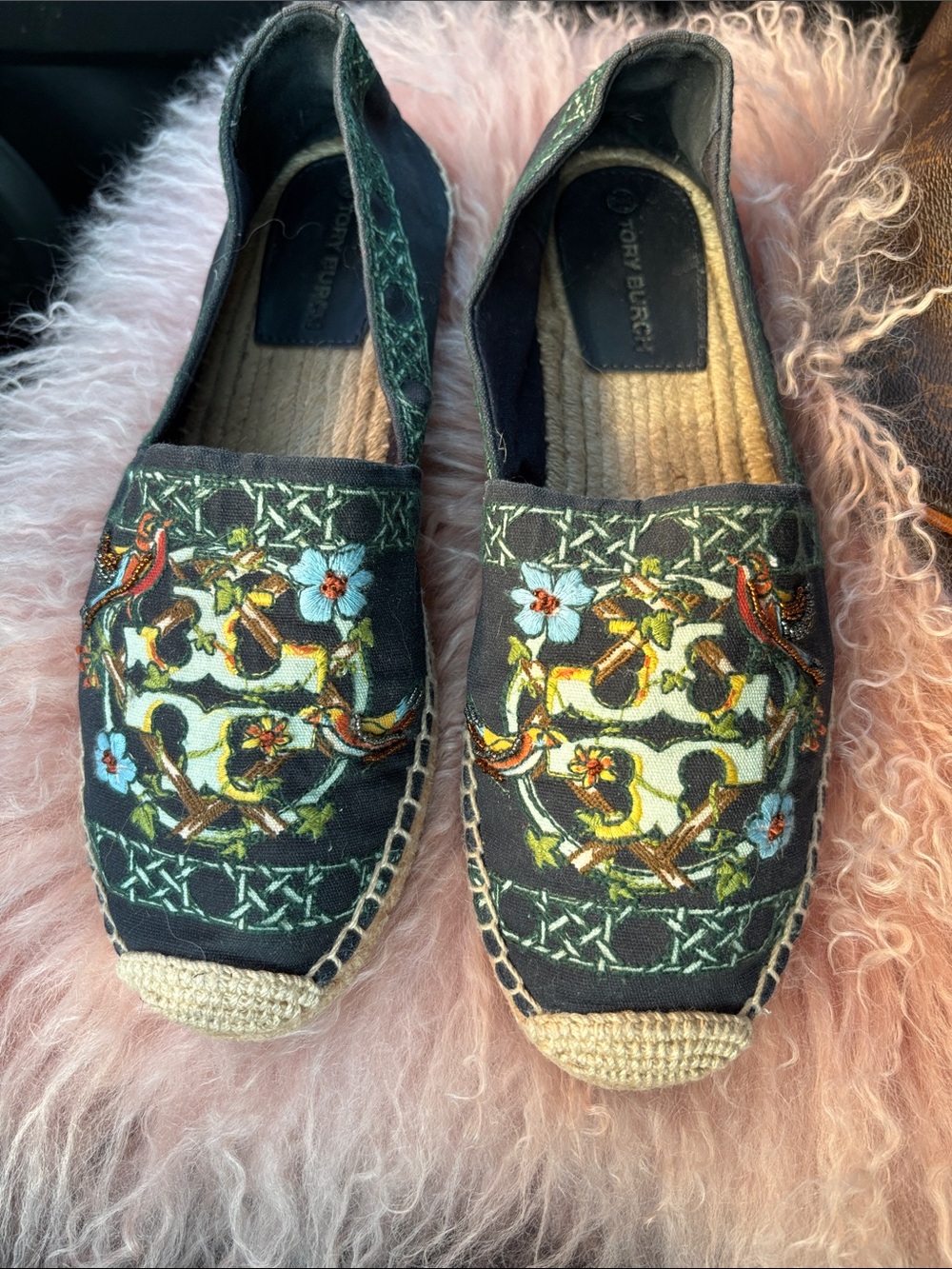 Tory Burch Black Embroidered Floral & Bird Espadrilles